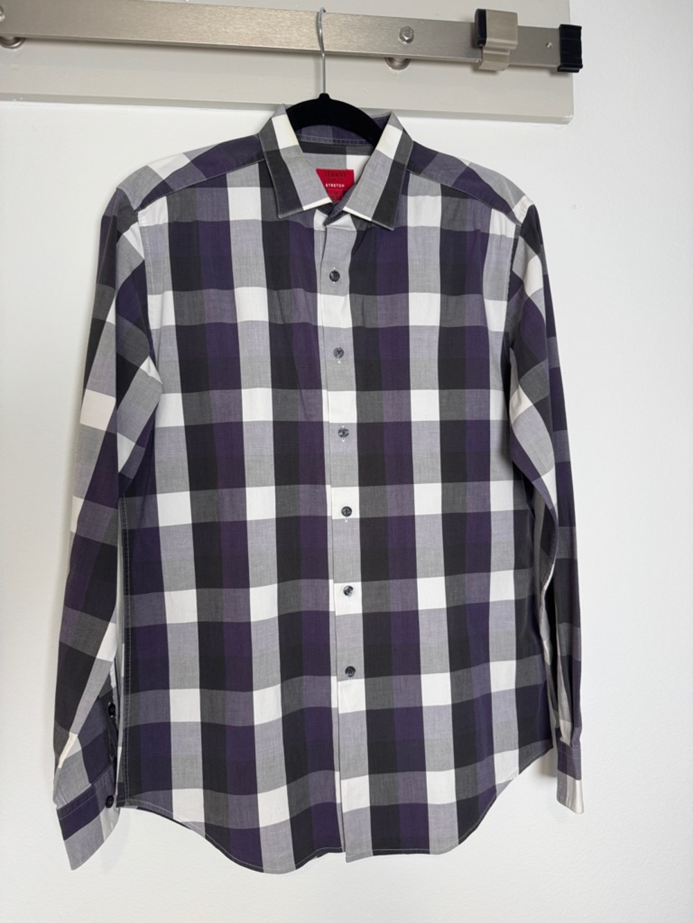Alfani Slim Fit Stretch Purple Black White Plaid Button-Down Shirt Med 15 neck